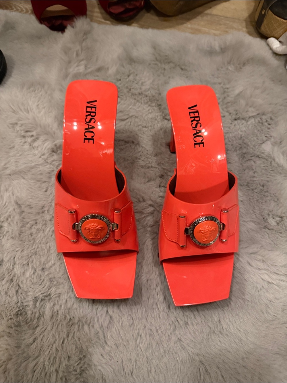 Versace Coral colored Slide Sandals with Medallion in silver